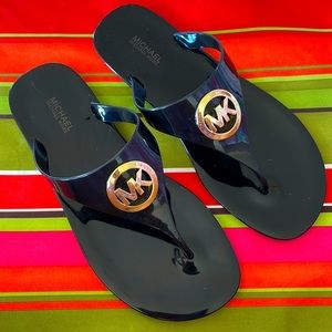 Brand New Michael Kors Black w/ Gold Tone Logo Accent PVC Upper Thongs Sandals